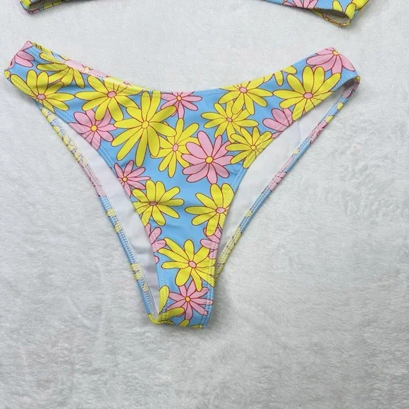 Shien Bikinx Bikini Swimsuit XS Blue Yellow Floral High Cut Cheeky Beach Summer - Picture 3 of 11